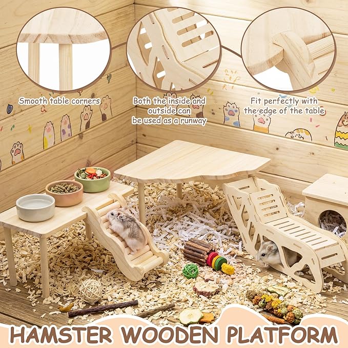 BreezeHug 4 Pcs Hamster Platform Hideout Wooden Tunnel Ladder Playhouse Hamster Game Climbing Toy with Platform Cage Accessories for Small Pets Dwarf Syrian Mice Degus Gerbils Squirrel(Tunnel)