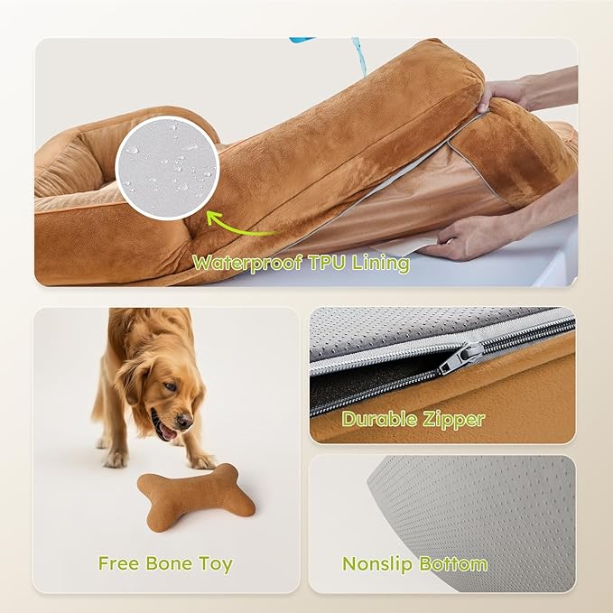 CWAWZ Jumbo Dog Bed for Extra Large Dogs, Orthopedic Dog Bed with Cooling Gel Memory Foam, Waterproof Pet Bed with Removable Washable Cover, 45" Pet Sofa Couch Dutch Velvet with Bone Toy, Brown