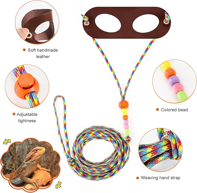 LIKZINWA Bearded Dragon Lizard Leash Harness,4 Size Pack Adjustable Small Animal Harness for Reptile and Small pet (Brown)