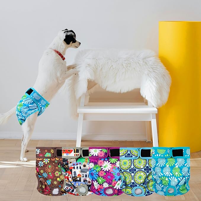 Tuiskusa Reusable Washable Dog Diapers Female, Highly Absorbent Doggie Diapers, Size Adjustable Puppy Diapers for Dog Period Panties(5 Pack)