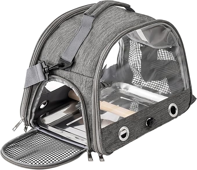 Airline-Approved Parrot Pet Backpack Carrier, Clear Mesh, Adjustable Strap, Stainless Steel Tray for Parrots, Hamsters, and Small Animals