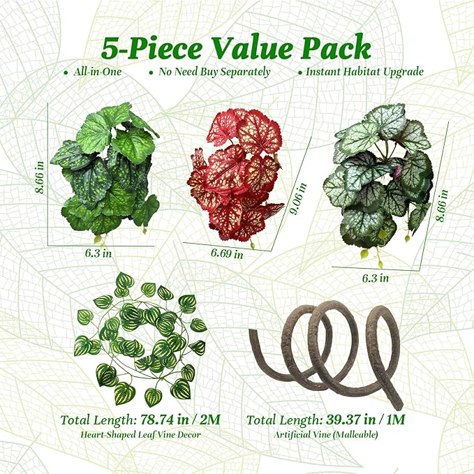 5 Pc Reptile Plants & Habitat Decor Kit - 3 Artificial Plants & Large 3.3ft Jungle Vine Branch, Amphibian Habitat Hideout Decor Accessories for Crested Gecko, Bearded Dragon, Lizard, Snake,Hermit Crab