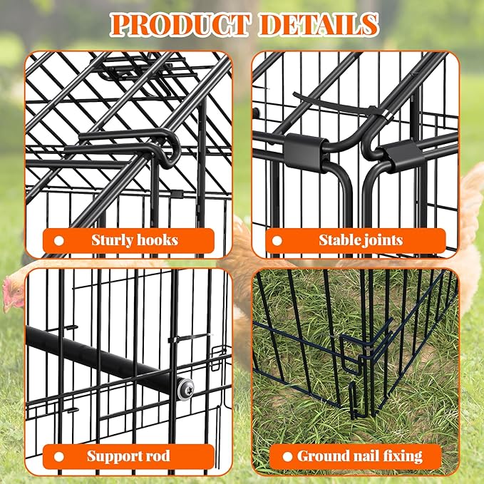 Metal Chicken Coop, Chicken Run for Yard with Cover, Outdoor Metal Chicken Cage with 4 Door and 1 Window for Outside Duck Rabbit Hen, 86"×40"×40"