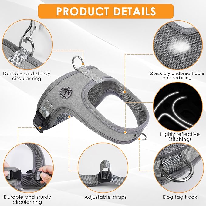 Dog Harness and Leash Set, No Pull Saddle Style Pet Harness, Breathable Mesh Adjustable Reflective Dog Vest for Dogs and Cat Medium Small Harness 2 D-Rings (Grey, S)