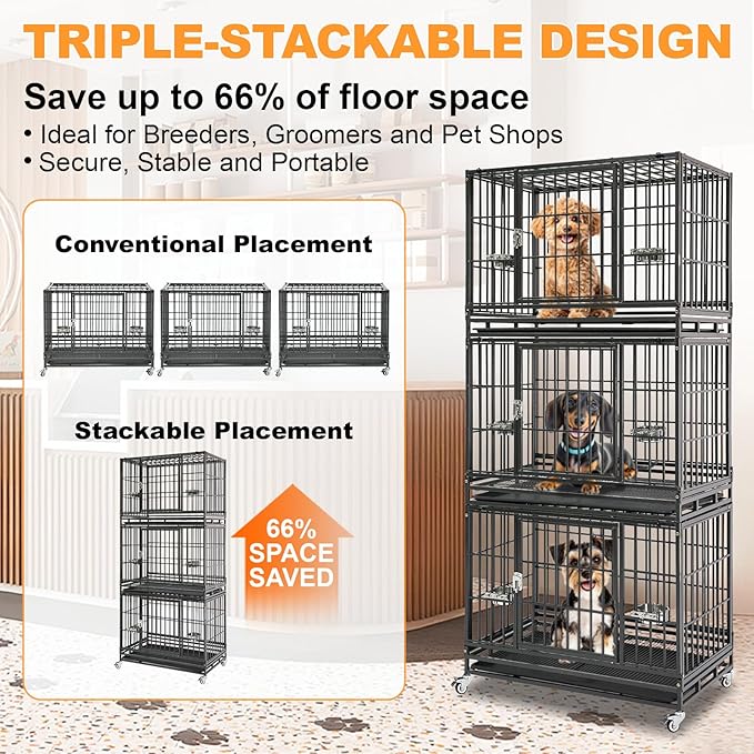 Homey Pet 2 Pack Three Tiers 37 Inch Dog Crate, Escape Proof Dog Cage Kennel Indoor with Top Access and Lockable Wheels, Removable Tray, Heavy Duty Dog Crates for Medium/Small Dogs