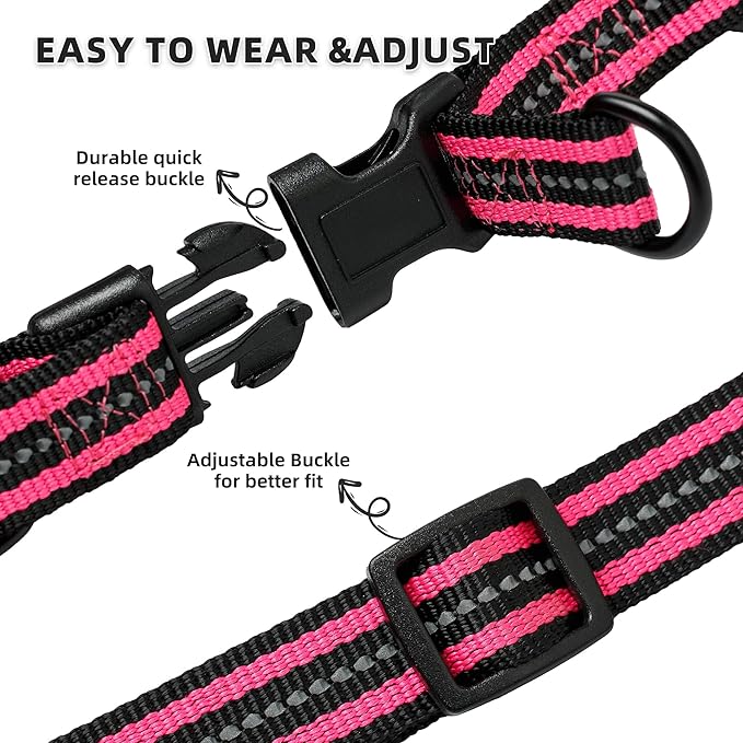 Mile High Life Night Reflective Double Adjustable Band Nylon Small Puppy Pet Dog Combo Collar Leash and Harness Set (Reflective Stripe Pink, Large (Pack of 3))