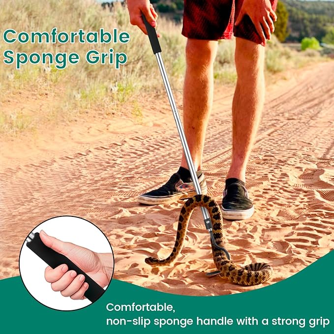 Snake Hook, 35"-65" Reptile Snake Hook Heavy Duty Long for Ball Python Rattlesnakes Rattle Copperhead Removal with Sponge Grip and Stainless Steel Rubber Tip Hook