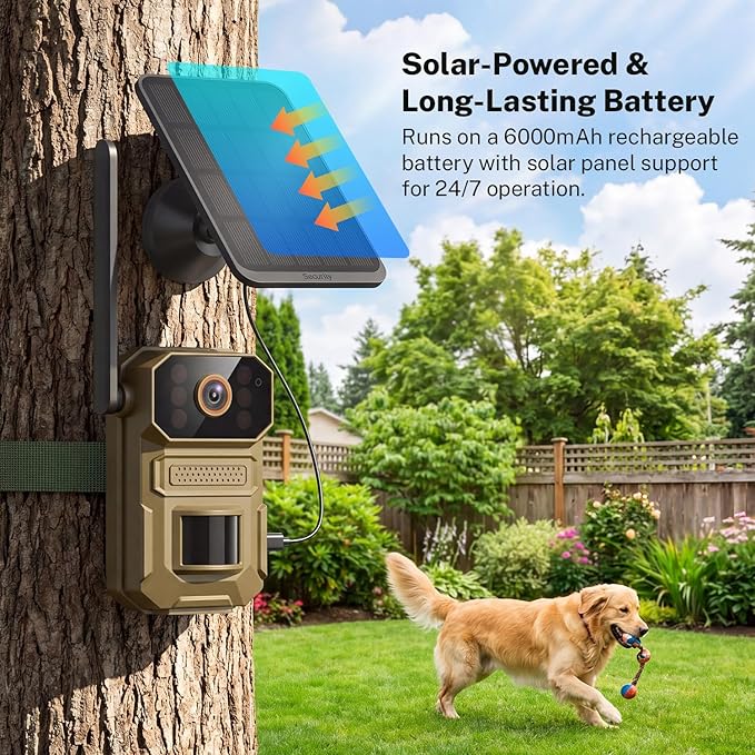 4G LTE Cellular Trail Camera with Solar Panel, 1080p Full HD Pet Cameras, Motion Detection, Live View, Night Vision, Two-Way Talk, IP65, Built-in SIM Card, Unlimited Plan (Sold Separately)