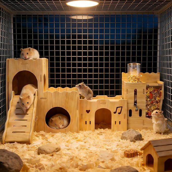 Hamster Hideout House, Multi-Chamber Hamster Castle with Water Bottle, Large Wooden Mouse Playground with Climbing Ladder, Habitat for Syrian Dwarf Gerbils Mice and Small Pets