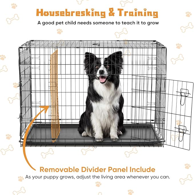 DUMOS Dog Crate, 36 Inch Medium Double Door Dog Cage with Plastic Leak-Proof Pan Tray, Folding Metal Wire Pet Kennel for Indoor, Outdoor, Travel