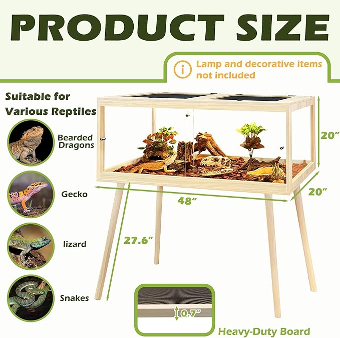 PROLEE Bearded Dragon Tank with Leg, Tempered Glass Lizard Tanks and Reptile Enclosure, Up to 81 Gallon Reptile Tank with Metal Mesh and Lockable Door for Snakes,Chameleon (Oak, 81Gallons,48inch)