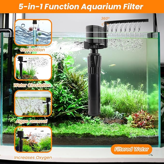 hygger Aquarium Filter with U-V Light for 40-80 Gallon Tank, Multi-Use Submersible Fish Tank Filter for Filtration/Algae Clean/Oxygenation/Waveker/Circulation