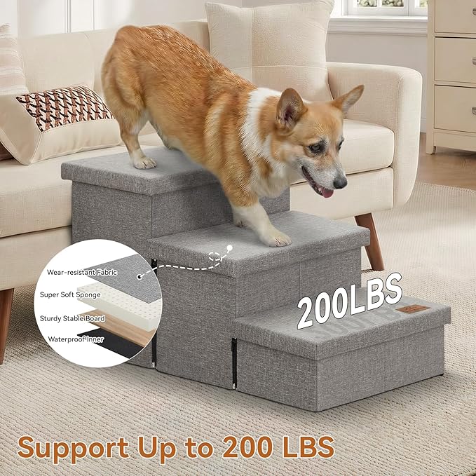Zerbuger Wider Dog Ramp for High Bed with Storage 18" H, Foldable Dog Stairs for Small Medium Large Older Senior Animal, Sturdy Dog Step for Climbing Bed or Couch, Arthritis-Friendly (Gray, No Condo)