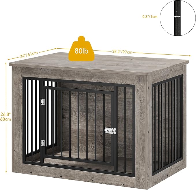 DWVO Dog Crate Furniture, 38 Inch Dog Kennel Indoor Furniture End Table for Dogs, Farmhouse Decorative Wooden Cage, Chew-Resistant, Grey