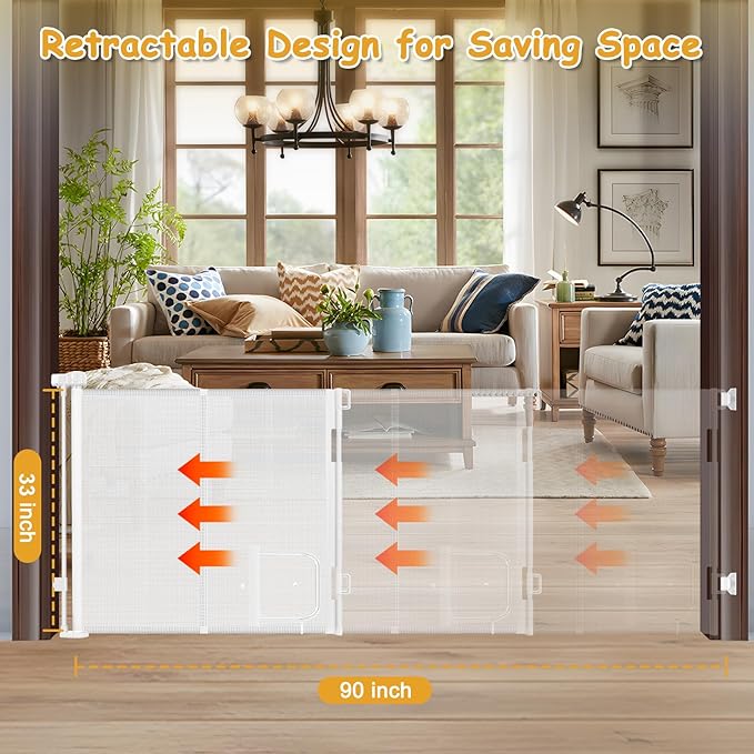 Reinforced 90” Extra Wide Retractable Baby Gate with Cat Door 33 Inch Tall Retractable Gates for Dogs Indoor with Door 7.5 Ft Extra Long Baby Gates for Large Openings Mesh Pet Gate Indoor, White