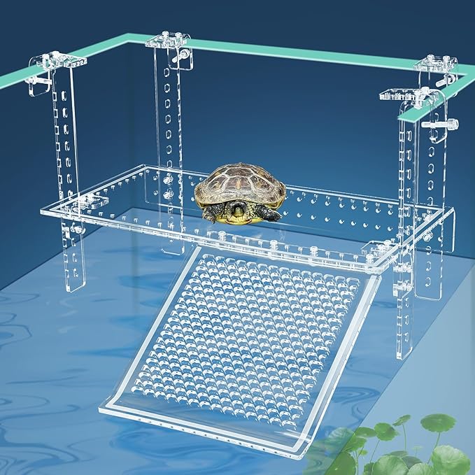 Hanging Turtle Dock Turtle Tank Accessories Adjustable, Large Basking Platform with Freely Installable Climbing Ramps for Aquatic Turtles Sturdy, Wobble-Free Design in Acrylic Material (15")