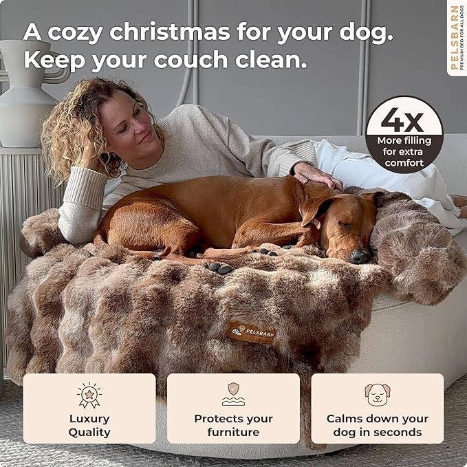 Pelsbarn Dog Bed for Couch, Luxurious Sofa Bed for Dogs with Non-Slip Oxford Bottom - Faux Rabbit Fur with Removable Cover, Large, Latte Swirl Color - 33x33 in