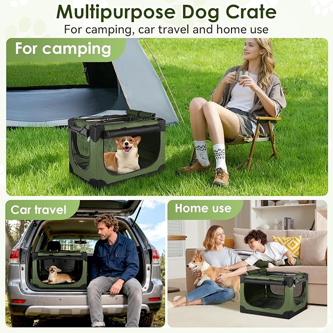 Soft Small Dog Crate - 24 inch Portable Travel Puppy Crate for Small Pets or 2 Cats, Collapsible Pet Carrier with 4 Mesh Doors, Car Kennel for Dogs with Handle for Indoor and Outdoor, Green