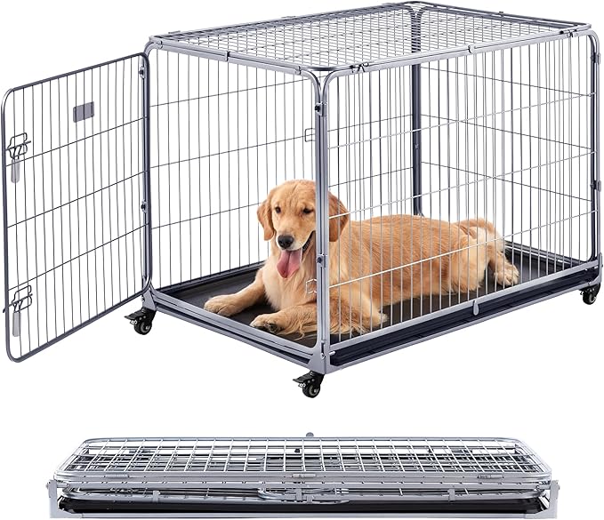 ZOMISIA Collapsible Dog Crate for Large Dogs - 42 inch Escape Proof Double Door Metal Dog Kennel with Lockable Wheels, Easy Assembly Foldable Cage with Removable Tray for Indoor Outdoor, Silver Gray