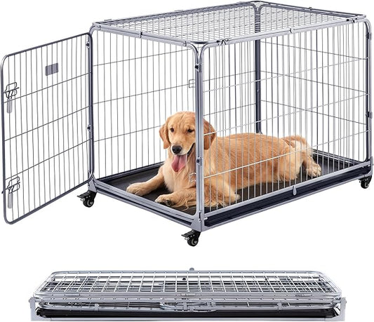 ZOMISIA Collapsible Dog Crate for Large Dogs - 42 inch Escape Proof Double Door Metal Dog Kennel with Lockable Wheels, Easy Assembly Foldable Cage with Removable Tray for Indoor Outdoor, Silver Gray