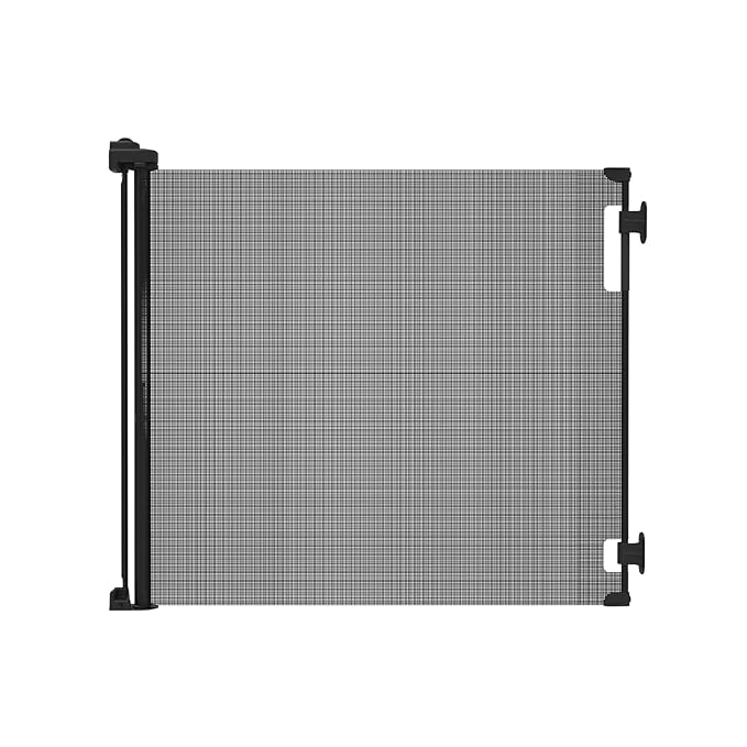 Retractable Baby Gate Perma Child Safety 33" Tall x 55” Wide, Mesh, for Stairs, Doorways, Dogs, Pets, Indoor, Outdoor, One-Handed Operation, Locking, Easy Install, Hardware Mount, Black