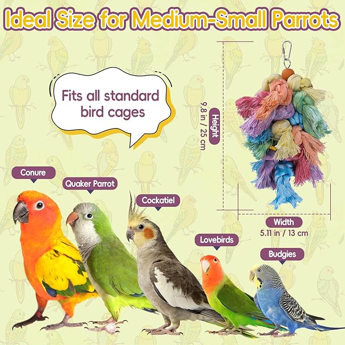 Bird Toys for Parrots - Natural Cotton Rope Preening Toy, Hanging Bird Toys for Cockatiels, Conures, Parakeets, Enrichment Parrot Toys for Beak & Feather Health