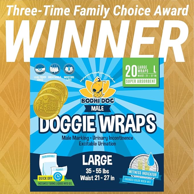 Bodhi Dog Disposable Male Dog Diapers - Super Absorbent, Leak-Proof Pee Wraps - Adjustable Fit, Comfortable Design, Advanced Moisture Control, and Wetness Indicator - Large (20 Count)