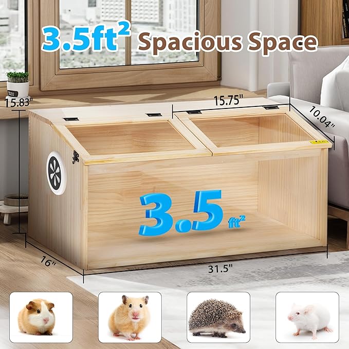 Wooden Hamster Cage, Large Hamster Cage Enclosure with Acrylic Window & Openable Top, 32" Small Animal Habitat for Guinea Pig, Chinchilla, Gerbil (32" L x 16" W x 16" H)