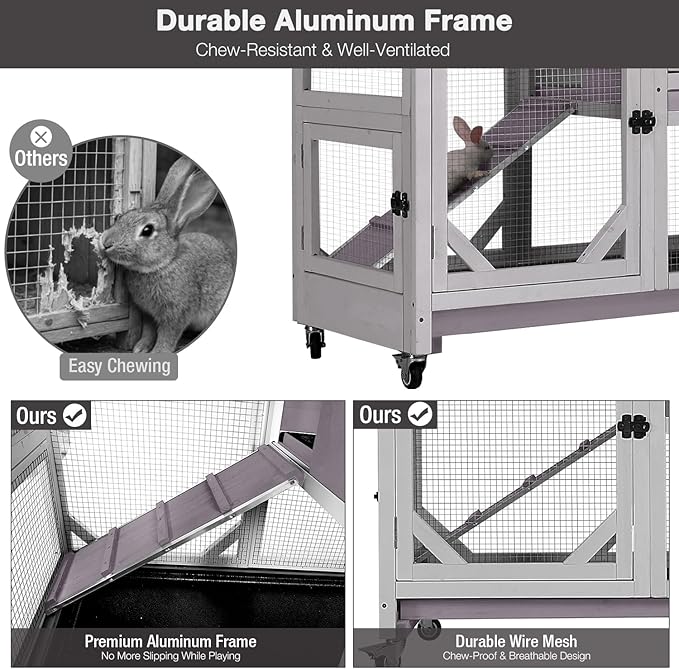 Large Rabbit Hutch Indoor Outdoor, 2-Tier Bunny Hutch with Wheels and Waterproof Roof, Wooden Guinea Pig Cage with Leak-Proof Pull-Out Trays, Multi-Door Bunny Cage for Small Animals-Grey