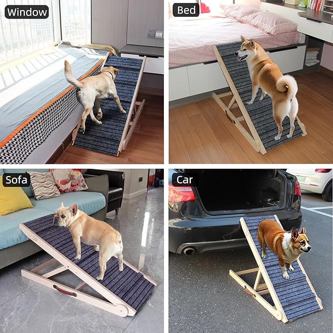 ZJSF Foldable Dog Ramp for High Bed, Wooden Dog Stairs to Bed for Small and Large Dogs, High Traction Platform with 6 Adjustable Heights (14"-30"), 48", Supports up to 230 lbs