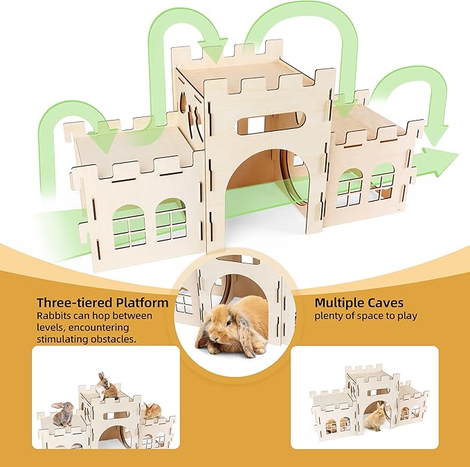 HIIMALEX Extra Large Bunny Castles Hideout Split Balcony for Indoor Bunnies Climbing Tower with Tunnel Sturdy House for Rabbits Ferrets Guinea Pigs Hamsters Ventilated Enrichment Toys Habitat