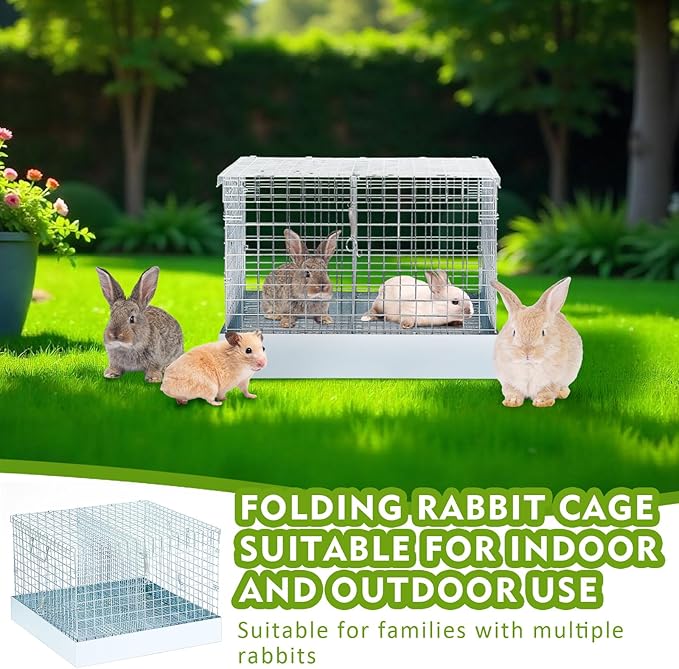 DoubleFill 2 Hole Folding Rabbit Transport Cage, Portable Bunny Carrier with Tray and Handles for Travel or Temporary Housing, Indoor Outdoor Pet Habitat Animal Enclosure(16 x 14 x 12 in)