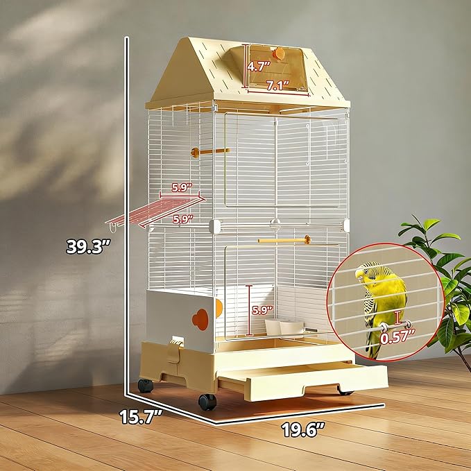 Oneluck Modern Bird Cage with Panoramic View, 38.5" H Bird Aviary for Small to Medium Birds,Birdcage with Easy Clean Tray for Parakeet,Cockatiel,Budgie,Parakeet,Canary,Finch,Quail,Lovebird,Conure