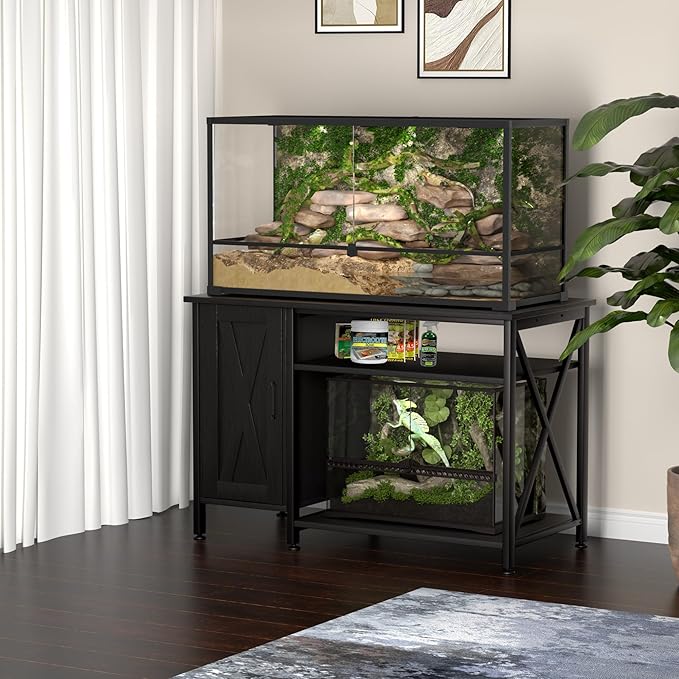 Herture 40-120 Gallon Reptile Tank Stand with Power Outlet, Terrarium Stand with Storage Cabinet, 48" X 24" Tabletop, Reptile Terrarium,Turtle Tank Black PG08XYB