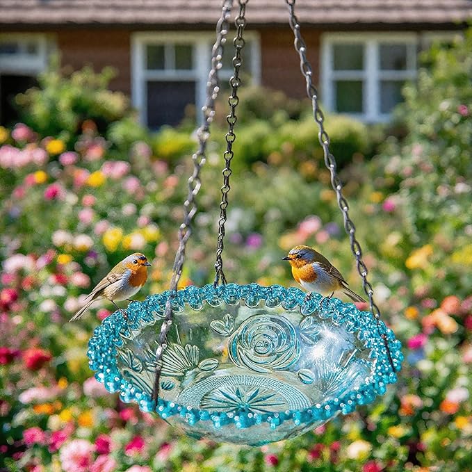 Hanging Bird Baths & Feeders for Outdoors, Bird Water Bowl and Seed Trays Set Feeders for Outside, Garden, Patio Lawn Yard Decor Blue & Pink (2)