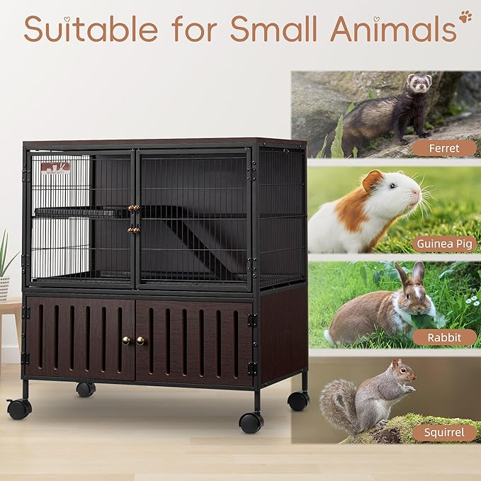 HABUTWAY 36.5''H Metal Large Ferret Cage, Rolling Chinchilla Cage with Removable Ramps& Double Door, with Locker, Small Animal Cage, Rat Indoor Wooden Pet Crate Furniture