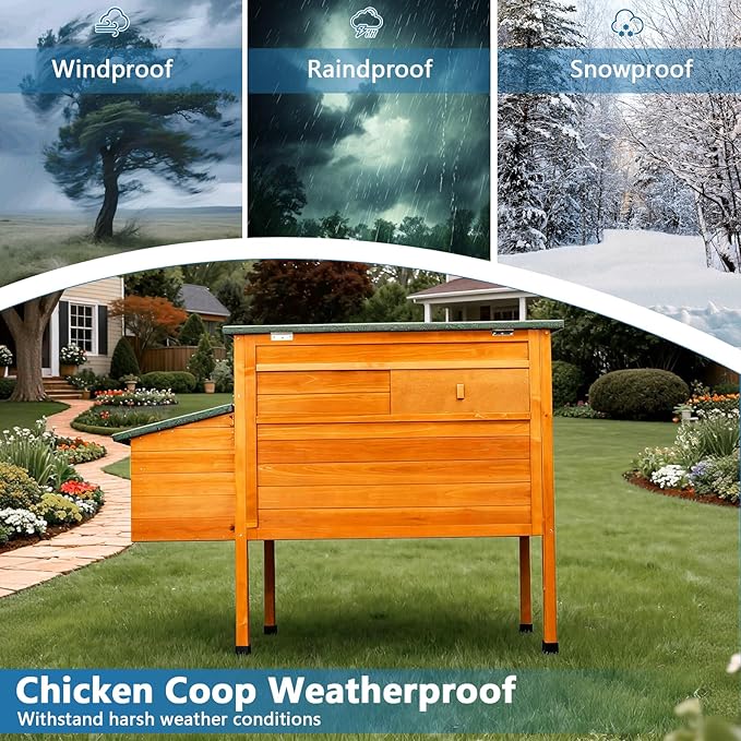FunXplore Outdoor Insulated Chicken Coop Weatherproof Wooden Hen House Small Animal Pet Hutch with Elevated Legs Asphalt Roof Removable PVC Layer Nest Box