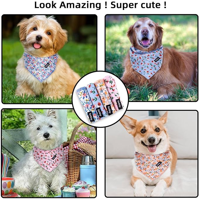 Spring Dog Bandanas Small-4PCS Puppy Bandana Orange Pink Blue Floral Printing Dog Bib Handkerchief Scarf Breed Accessories for Small XSmall Dogs Cats Gift