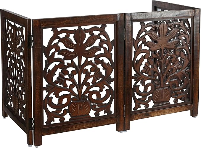 Lightnpro Wooden Dog Gate -Foldable Freestanding Pet Gate for Indoor Use, Adjustable Safety Barrier for Dog, Puppies & Small Pets, for Stairs & Doorways- 24" Height 18" Wide (4 Panel) Natural Burnt