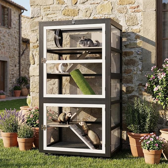 5-Tiers Small Animal Critter Cage Large Ferret Cage 55''H Chinchilla Cage with Easy-Clean Removable Tray, Hamster Wheel, Tunnel, House, Ramp & Cover, Lockable Wheels, for Indoor & Outdoor