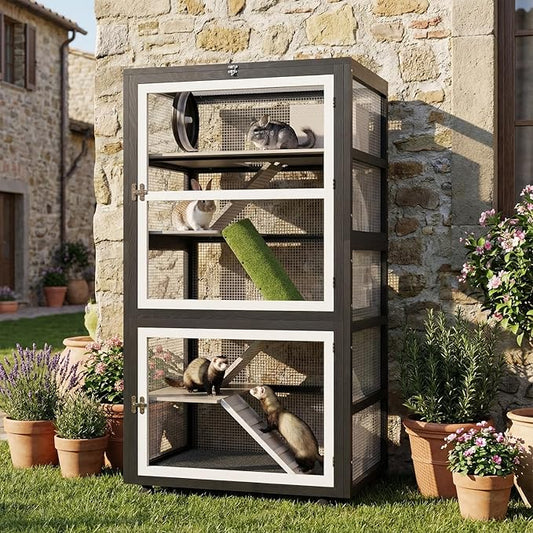 5-Tiers Small Animal Critter Cage Large Ferret Cage 55''H Chinchilla Cage with Easy-Clean Removable Tray, Hamster Wheel, Tunnel, House, Ramp & Cover, Lockable Wheels, for Indoor & Outdoor