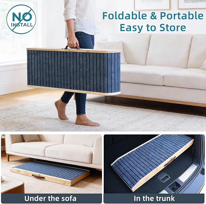 ZJSF Foldable Wooden Dog Ramp for High Bed, Dog Stairs for Small and Large Dogs, High Traction Platform with 6 Adjustable Heights (14"-28"), 47.8", Supports up to 200 lbs