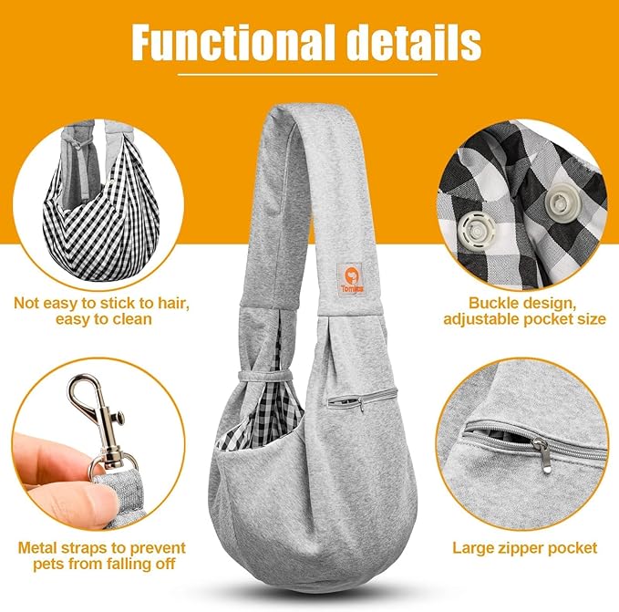 Tomkas Small Dog Sling Carrier - Zipper Pocket & Adjustable Strap & Zip Pocket - for 3-10 lbs Pets (Grey, M - Zipper Pocket & Classic Strap)