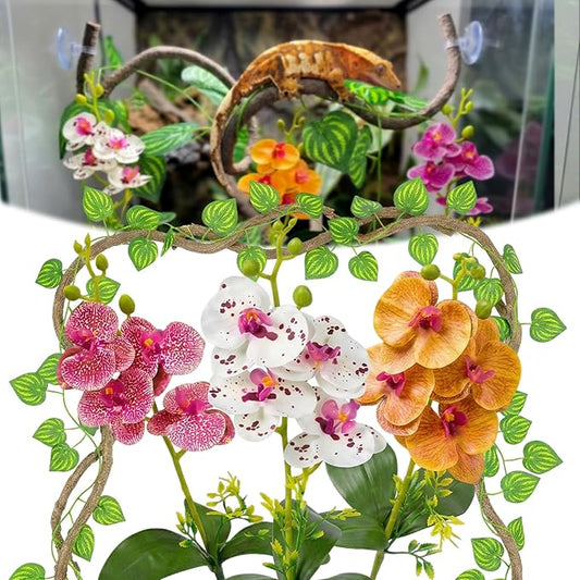 5 Pcs Reptile Plants & Habitat Decor Kit - 3 Artificial Phalaenopsis Orchid & Large 5ft Jungle Vine Branch, Terrarium Tank Decor & Climbing Accessories for Crested Gecko, Bearded Dragon