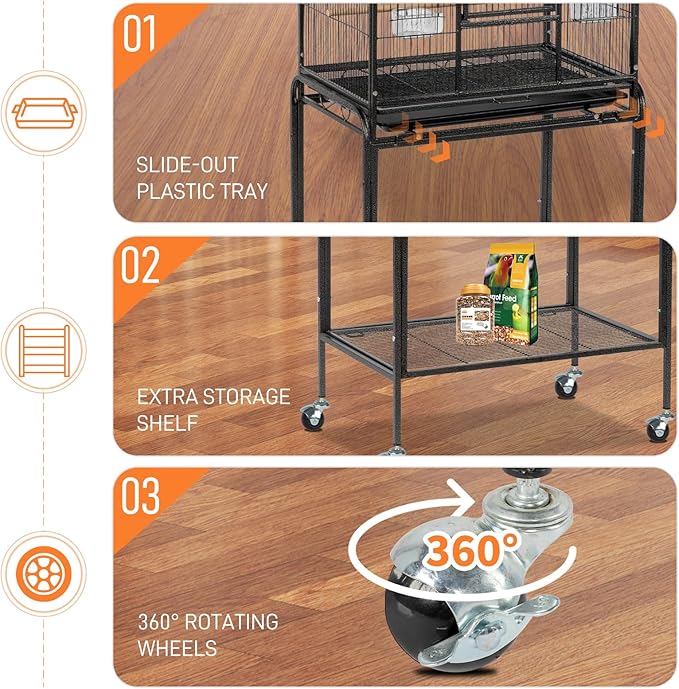 53 Inch Wrought Iron Large Bird Cage,53" Large Flight Bird Cage with Rolling Stand & Storage Shelf for Parrots Lovebird Cockatiel Parakeets, Black