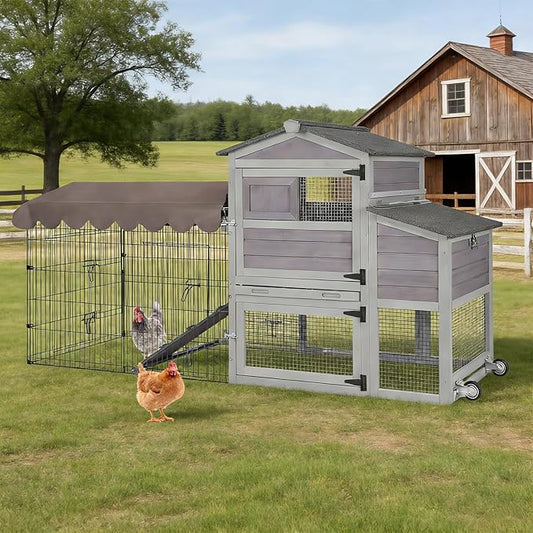 79‘’ Chicken Coop with Wheels, Wooden Hen House with Large Nesting Box, Outdoor Poultry Cage with Leakproof Pull-on Tray, Backyard Chicken Coop with Run, Weatherproof Rabbit Hutch