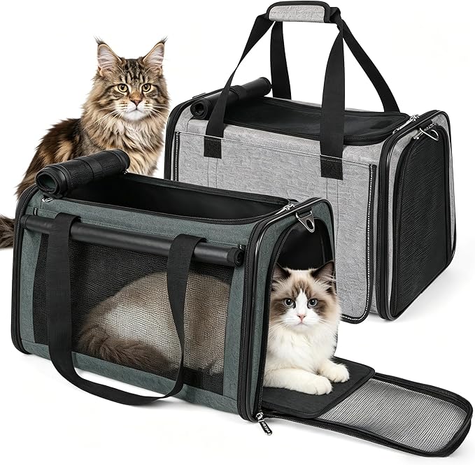 YUDODO 2 Packs 25 lbs Lightproof Soft Sided Pet Carrier for Large Cat & Small Dog Airline Approved Travel Puppy Carriers with Side Pockets & Reflective Mesh, Foldable Portable for Car Grey Green+Grey