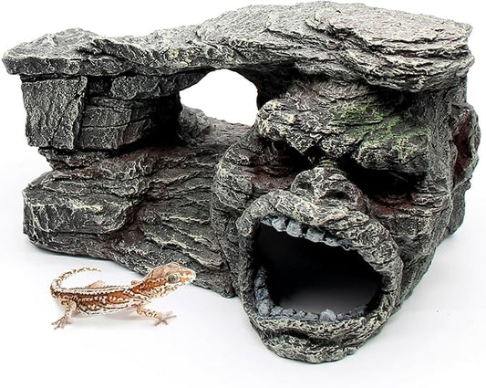 Gecko Hide Shale Scape Step Ledge, Reptile Rock Basking Platform Cave Hideout Tank Accessories Decorations, Great for Reptiles, Amphibians, Leopard Gecko, Snake, Lizard, Frogs, Turtle