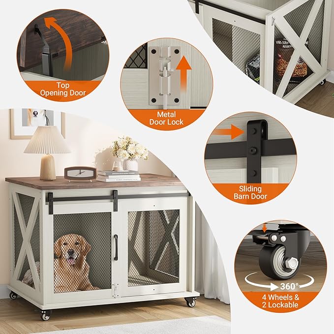 GarveeLife 37" Dog Crate Furniture, Side End Table, Farmhouse Dog Crate with Sliding Barn Door, Flip Top Wooden Dog Kennel with Wheels and Movable Divider, Indoor Dog Cage House for Medium Dogs