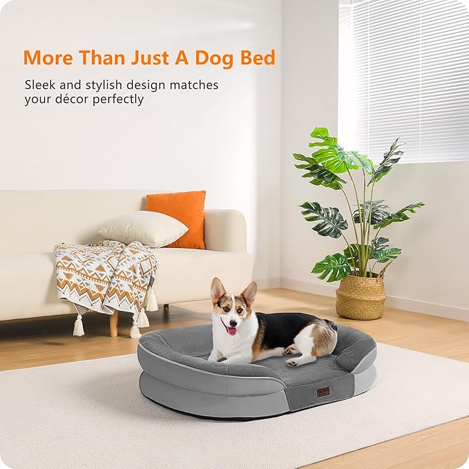 Dwanton Orthopedic Dog Bed for Medium Dogs with Gel Memory Foam, Waterproof Dog Sofa, Washable Pet Bed with Four Sided Bolster Cushion, Removable Cover & Non-Slip Bottom, 36", Medium Gray